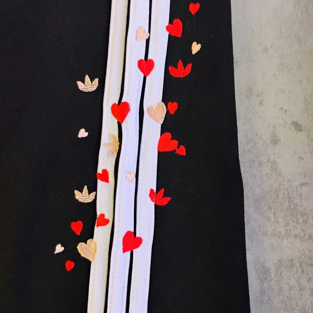 adidas Black Track Pants with White Side Stripes and Red/Gold Heart Embroidery - Picture 9 of 13